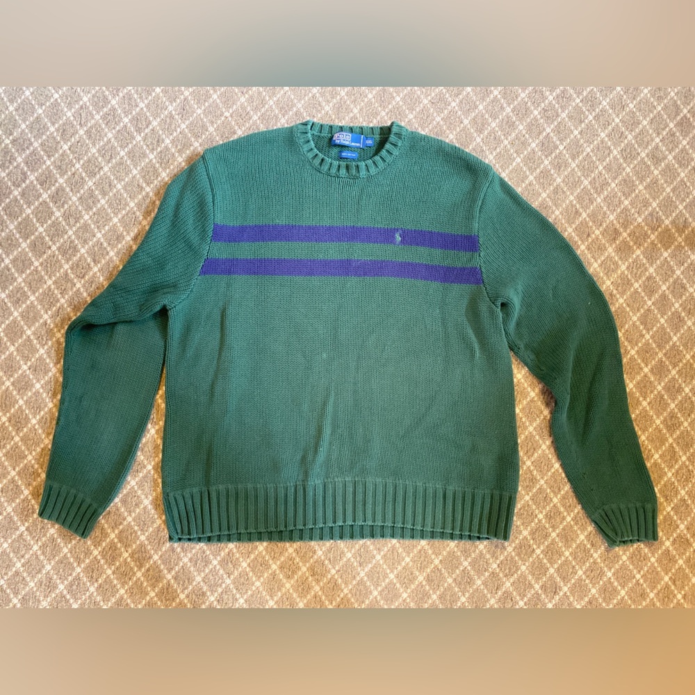 Men’s Polo Ralph Lauren Green Sweater with Navy Stripes, Size XXL